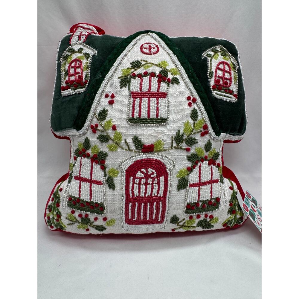 Gingerbread House Red Green Novagratz Holiday Throw Pillow Beaded Bling NWT